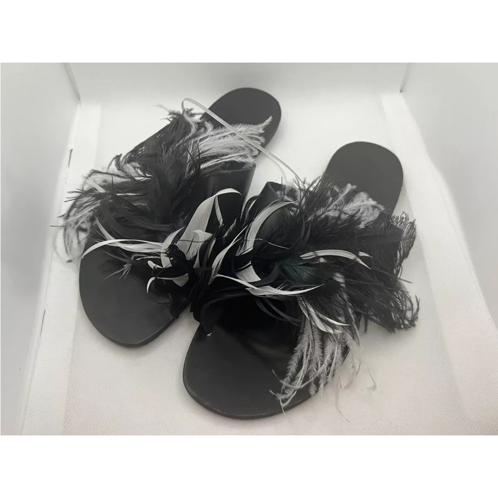 Gia Couture Women’s Black Leather Feathers Sandals Slippers